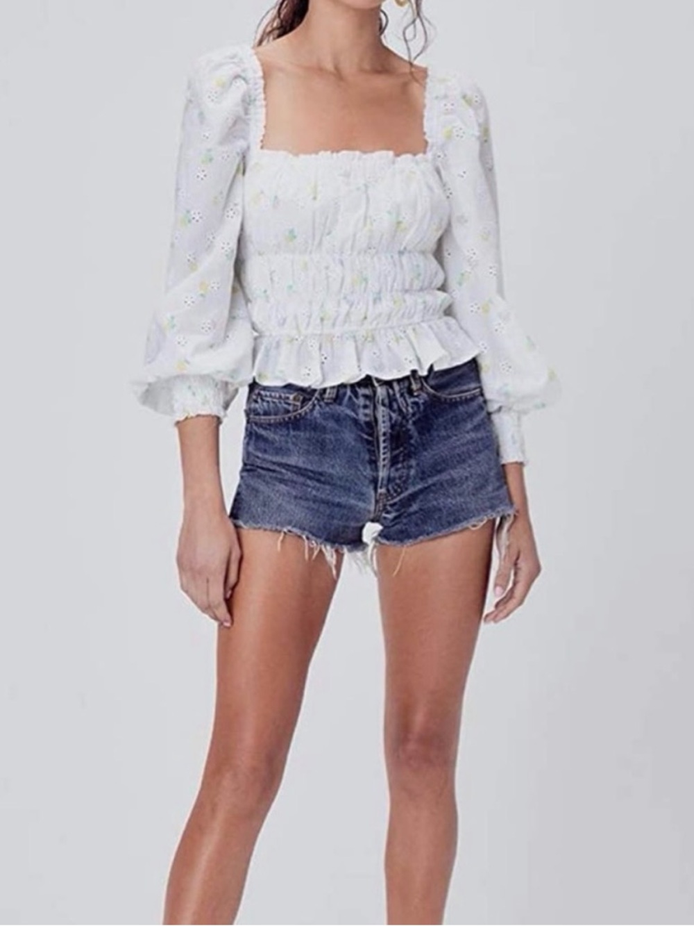 For Love & Lemons Azalea White Floral Smocked Eyelet Crop Top Cottagecore Sz L